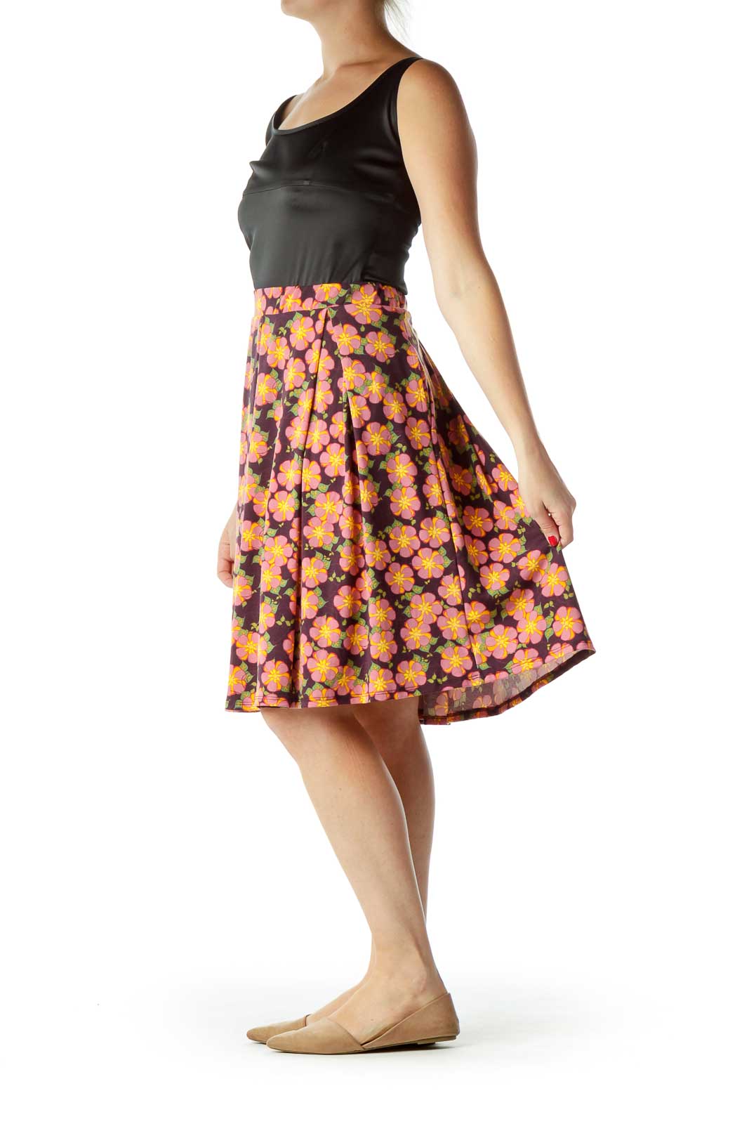 Pink Purple Flower Print Flared Skirt