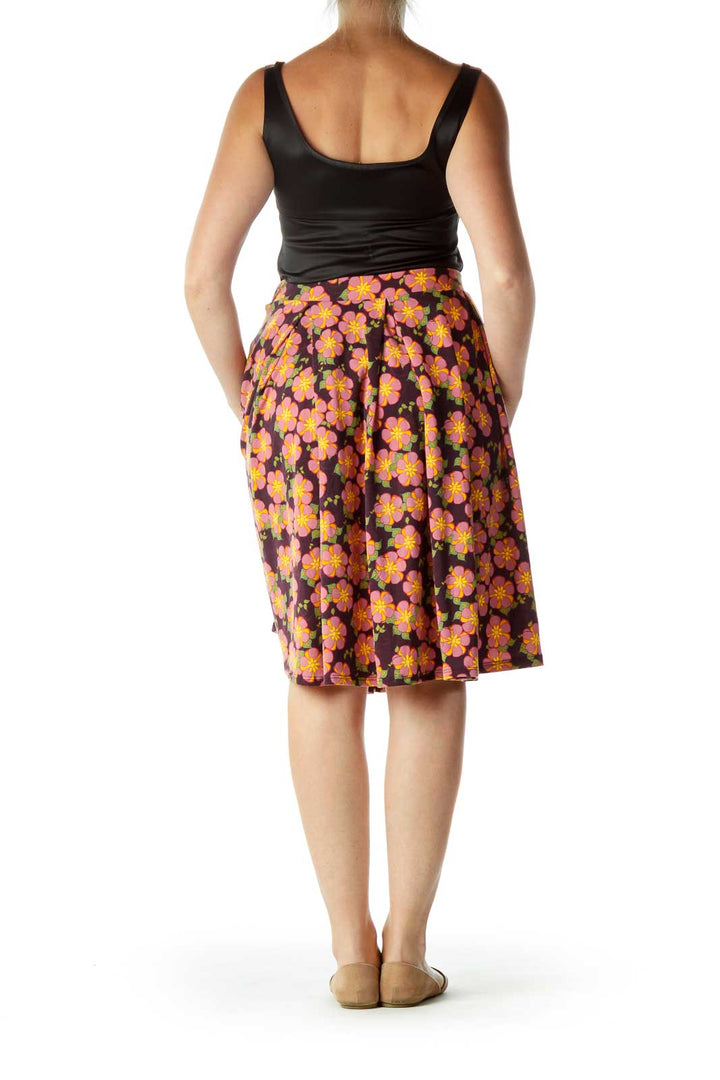 Pink Purple Flower Print Flared Skirt