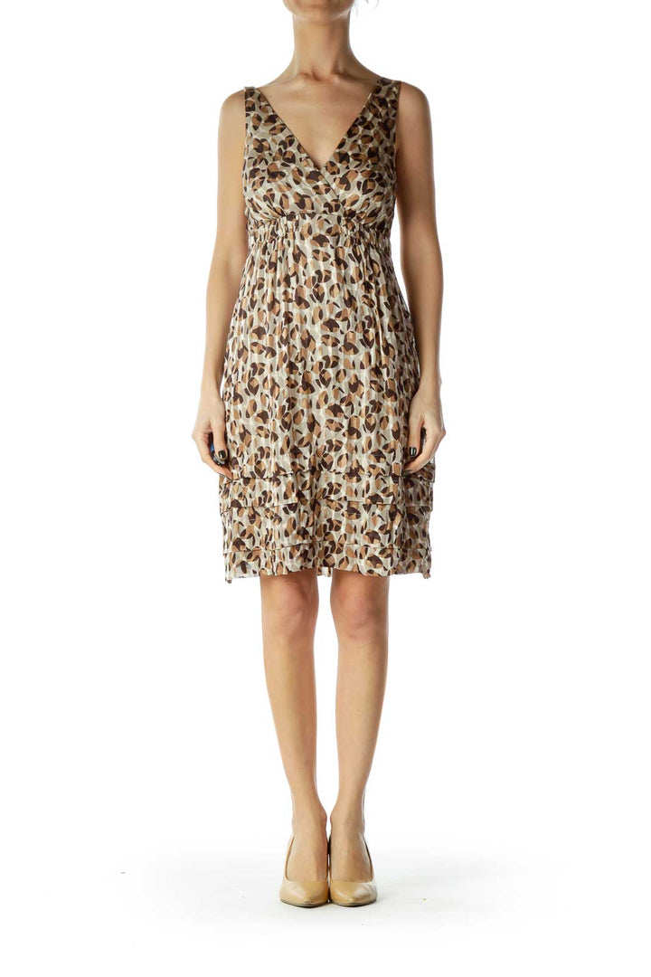 Brown Printed V-Neck Day Dress