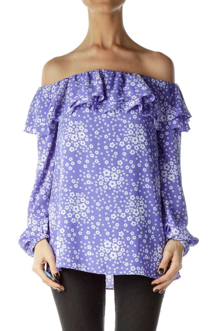 Purple Flower Print Off Shoulder Ruffle Blouse