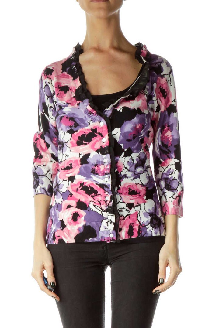 Pink Floral Print Round Neck Ruffled Cardigan