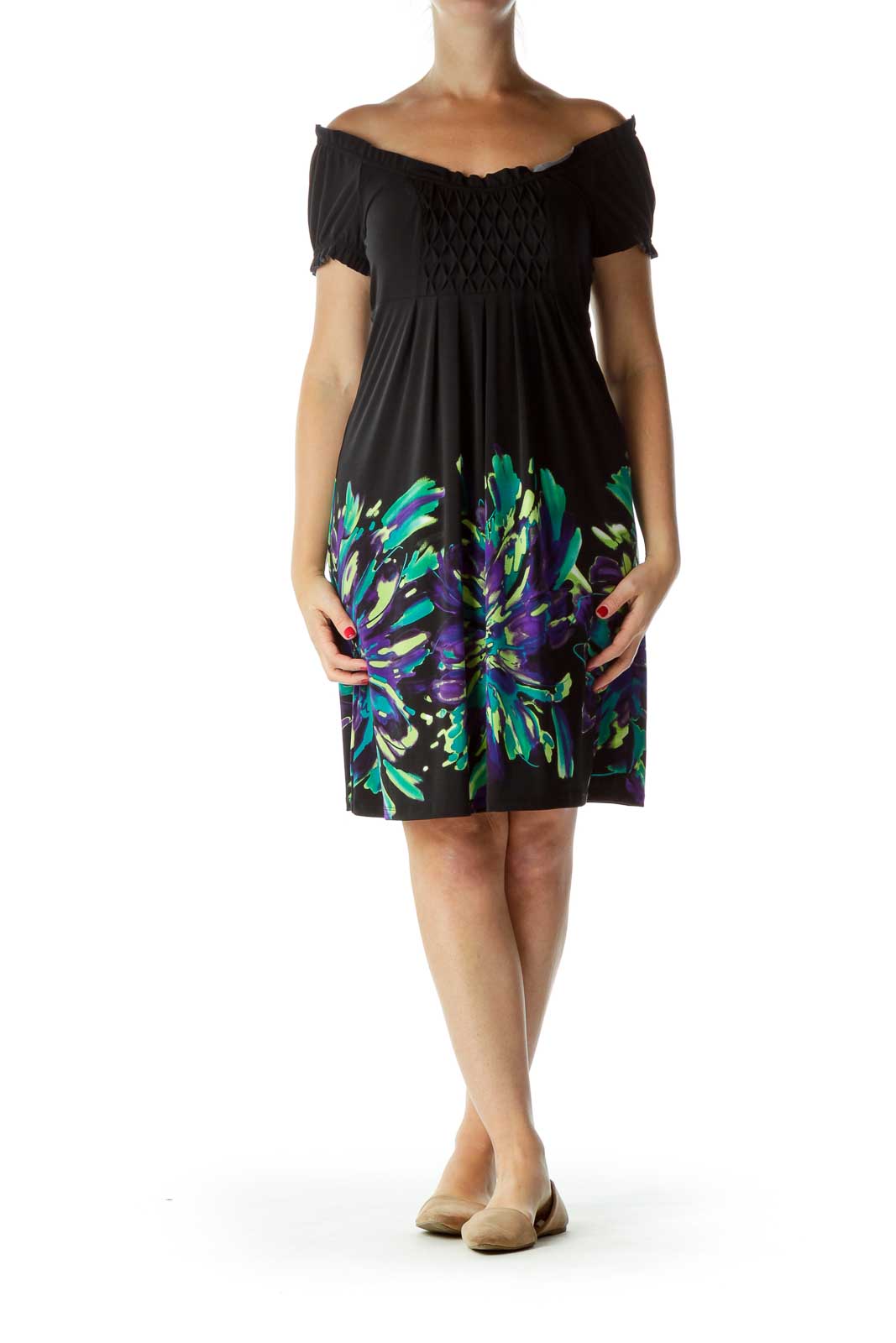 Black Green Printed Day Dress