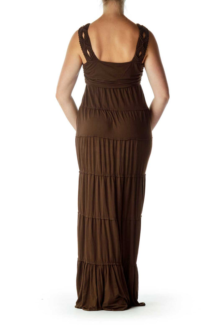 Brown Blue Beaded Braided Maxi Dress