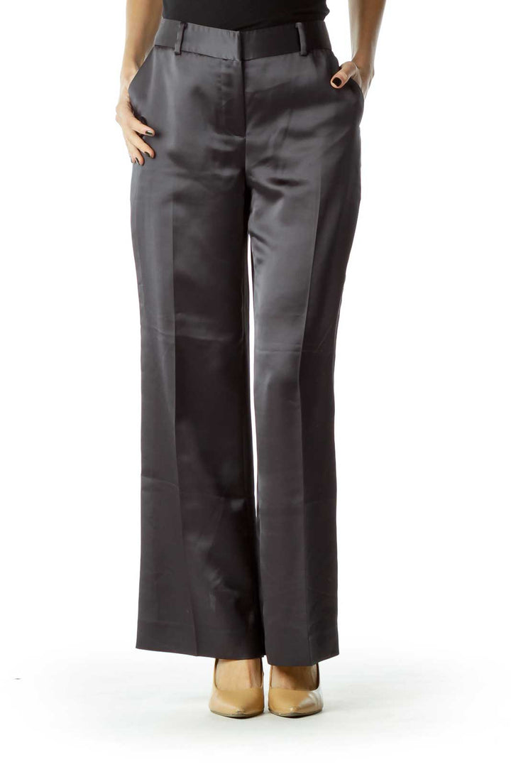 Black Faux-Silk Straight-Leg Pants