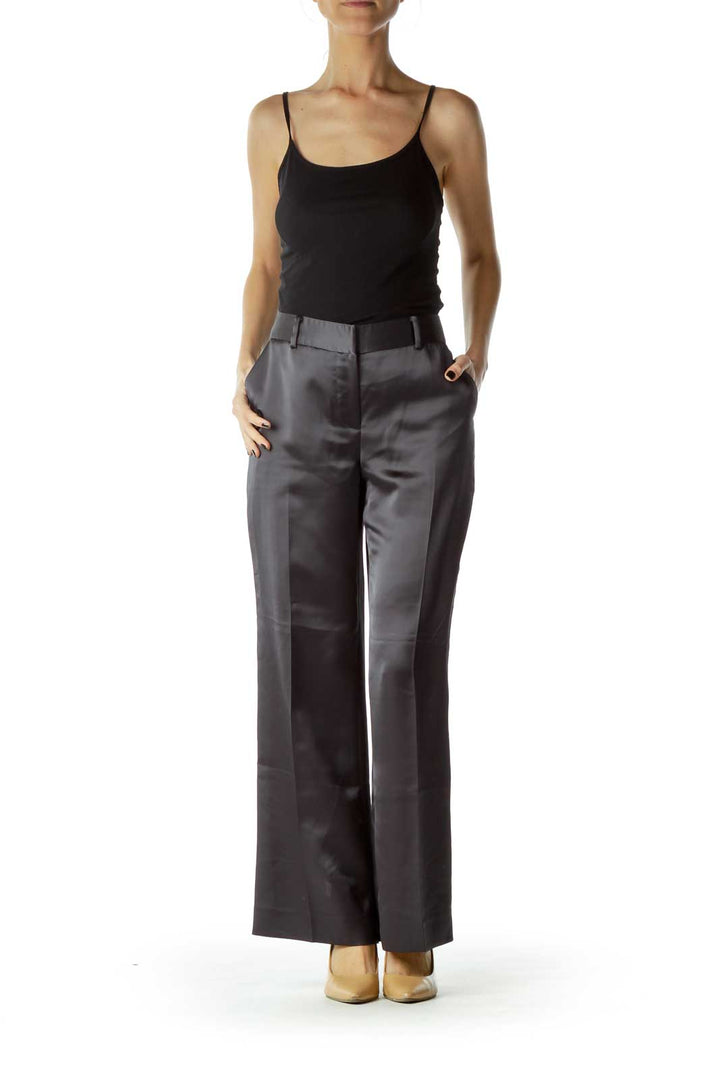 Black Faux-Silk Straight-Leg Pants