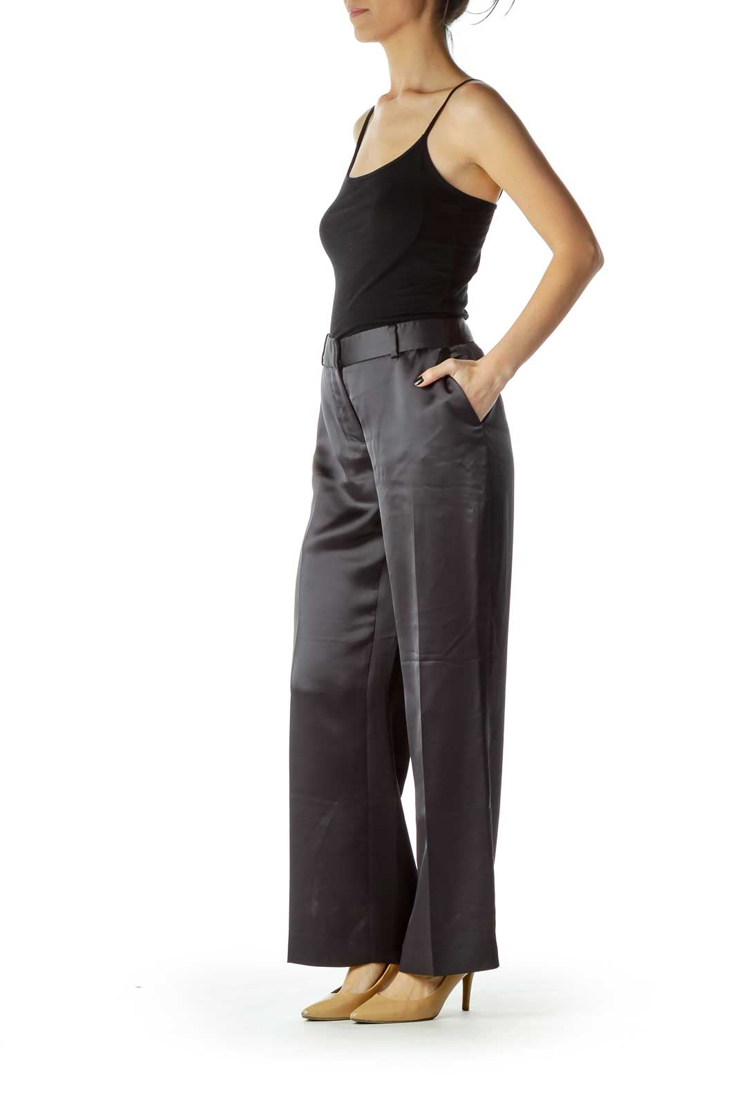 Black Faux-Silk Straight-Leg Pants