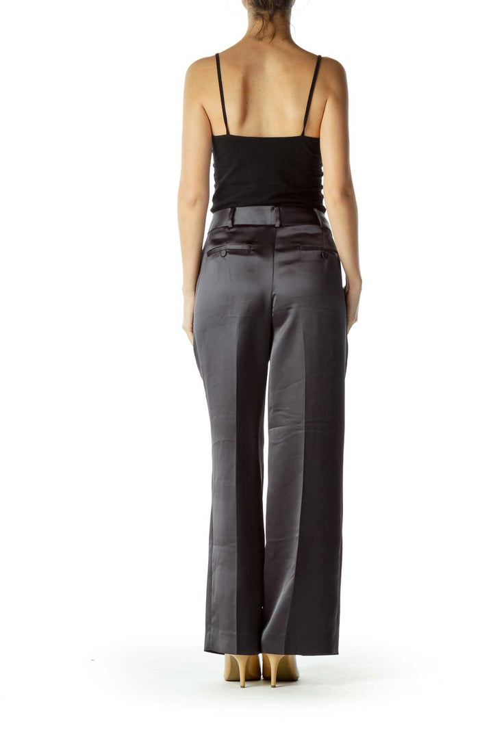 Black Faux-Silk Straight-Leg Pants