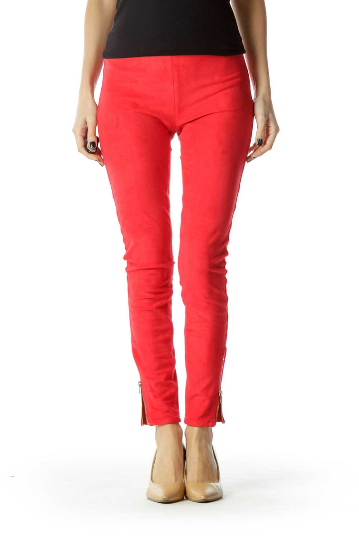 Red Zippered Faux-Suede Leggings