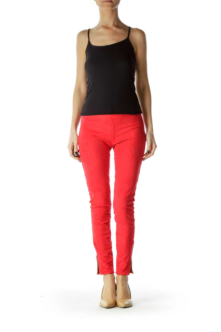 Red Zippered Faux-Suede Leggings