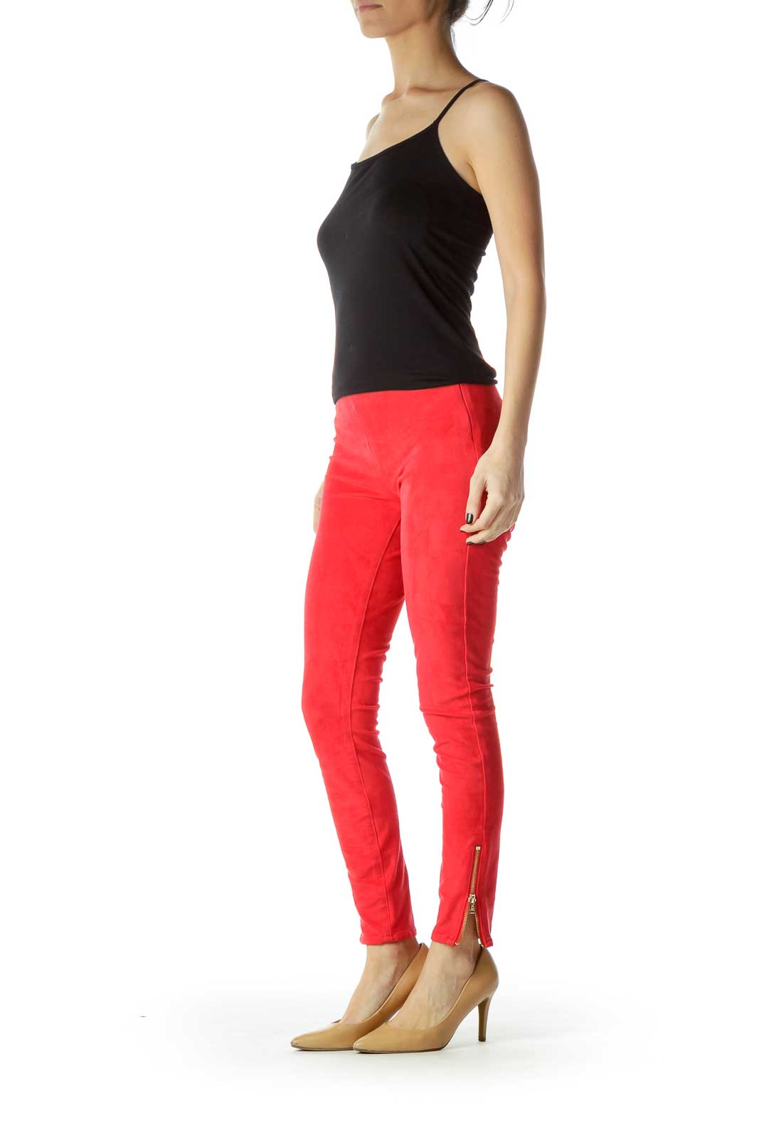 Red Zippered Faux-Suede Leggings