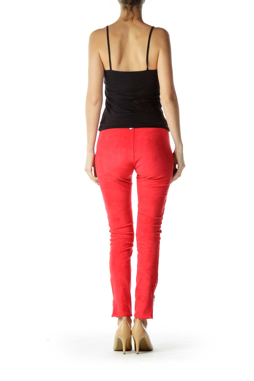 Red Zippered Faux-Suede Leggings