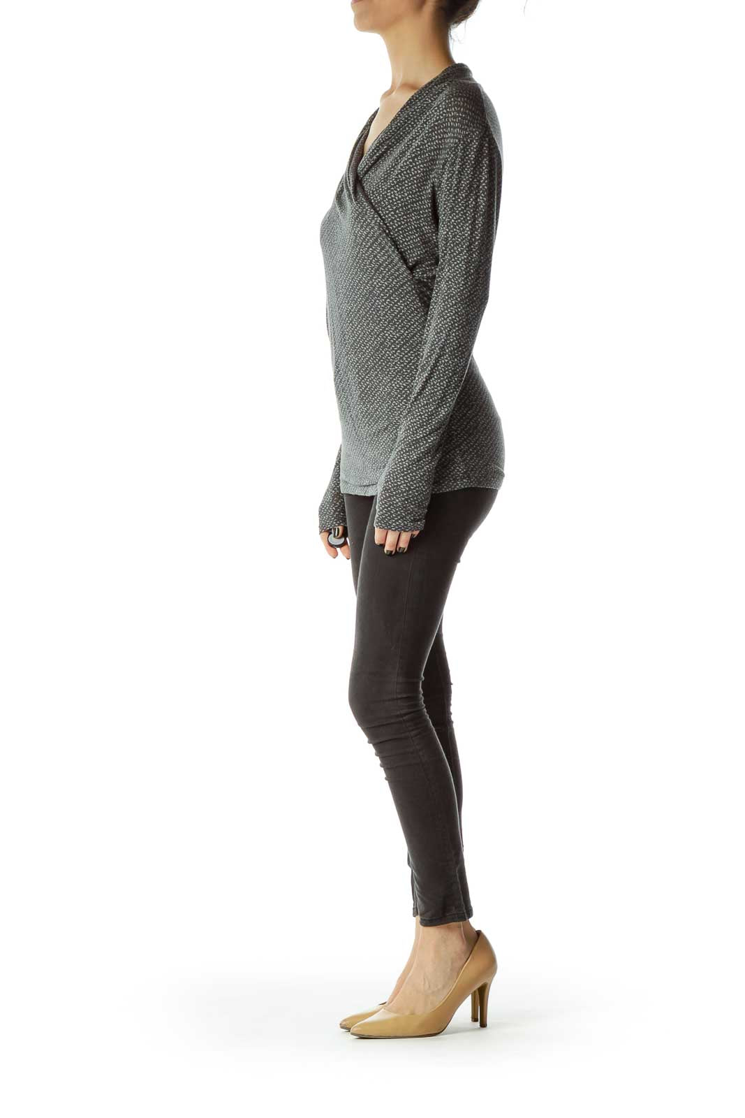 Gray Print Wrap Long Sleeve Top