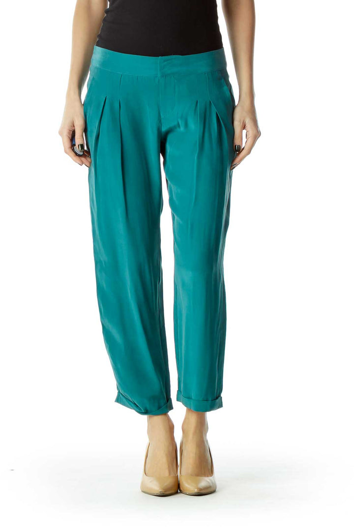 Green Loose Faux-Silk Pants