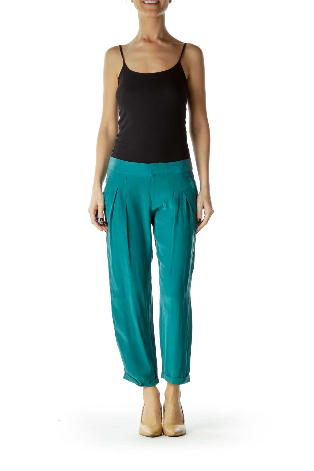 Green Loose Faux-Silk Pants