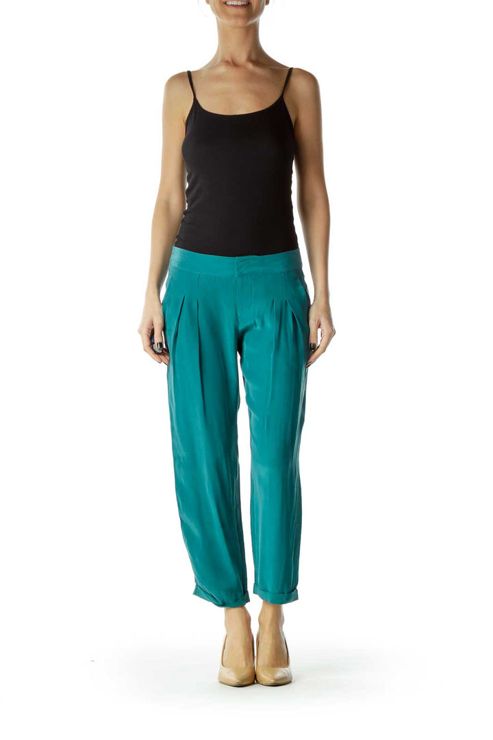 Green Loose Faux-Silk Pants