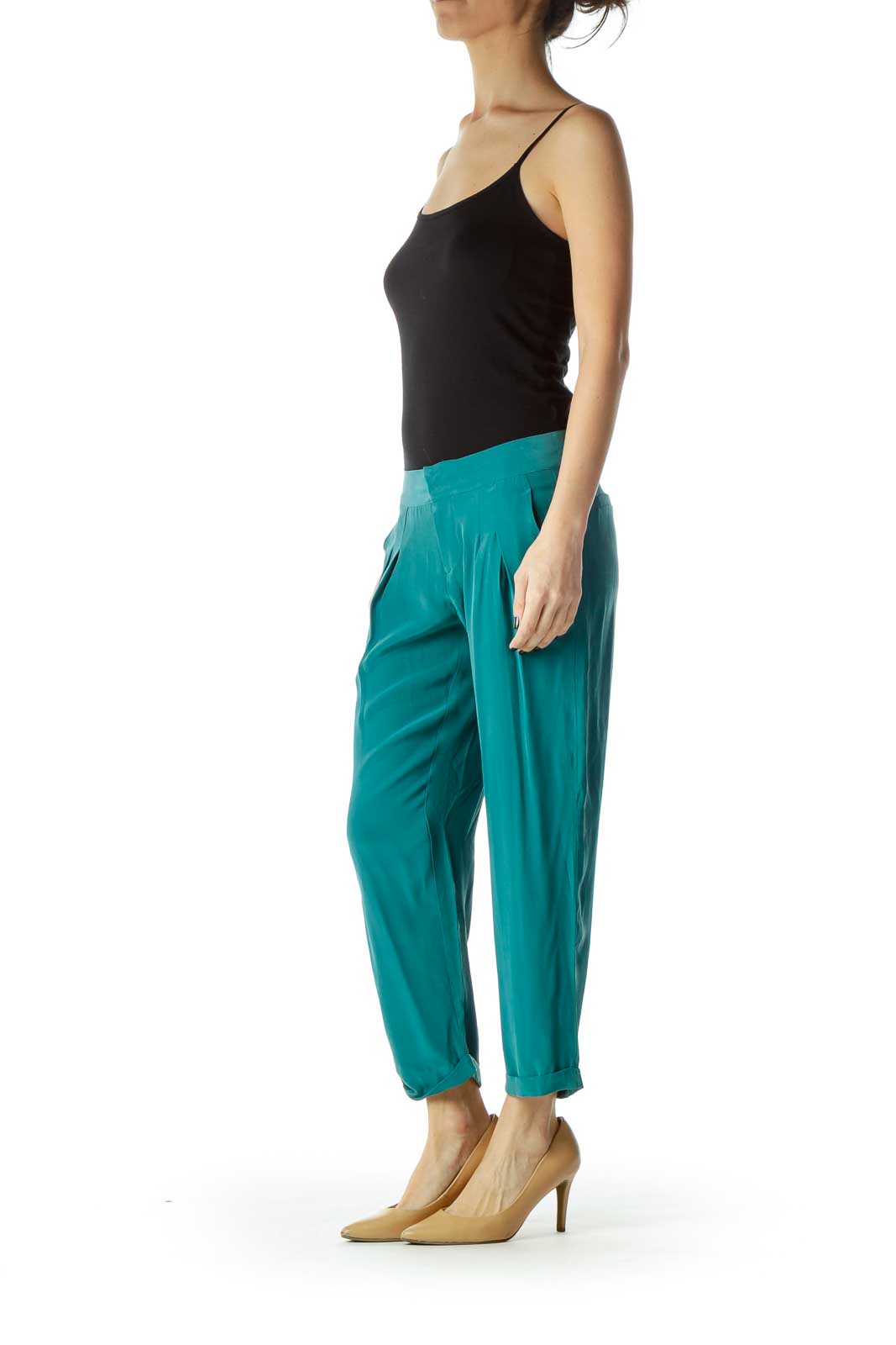 Green Loose Faux-Silk Pants