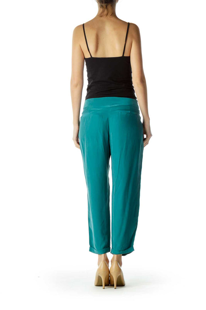 Green Loose Faux-Silk Pants