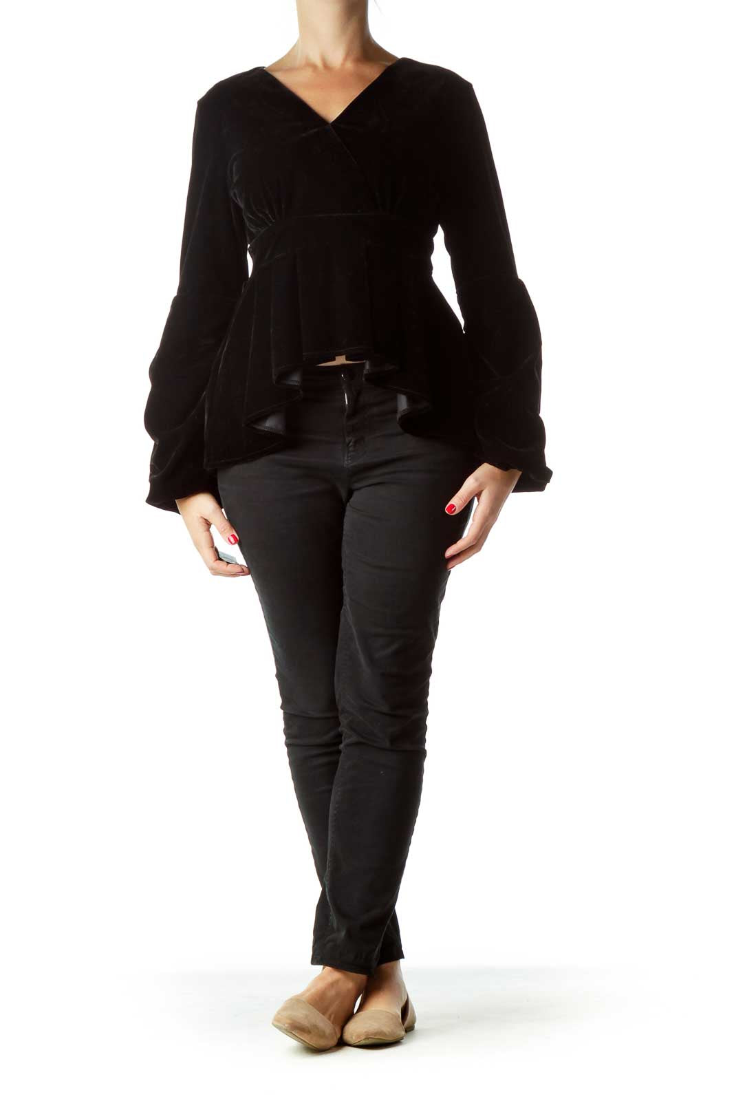 Black Velvet Peplum Bell-Sleeve Top