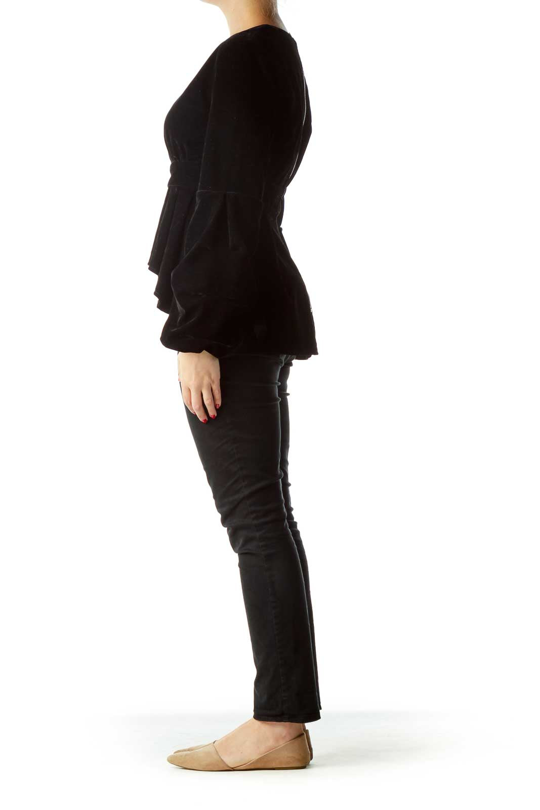 Black Velvet Peplum Bell-Sleeve Top