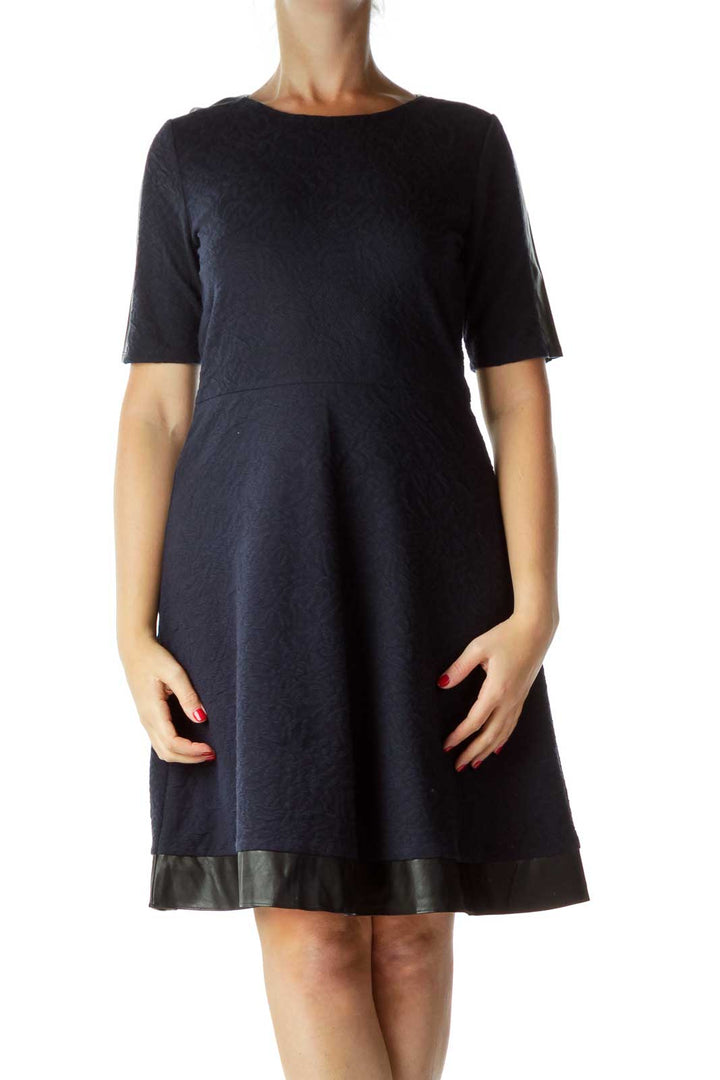 Navy Textured A-Line Dress with Faux-Leather Trim