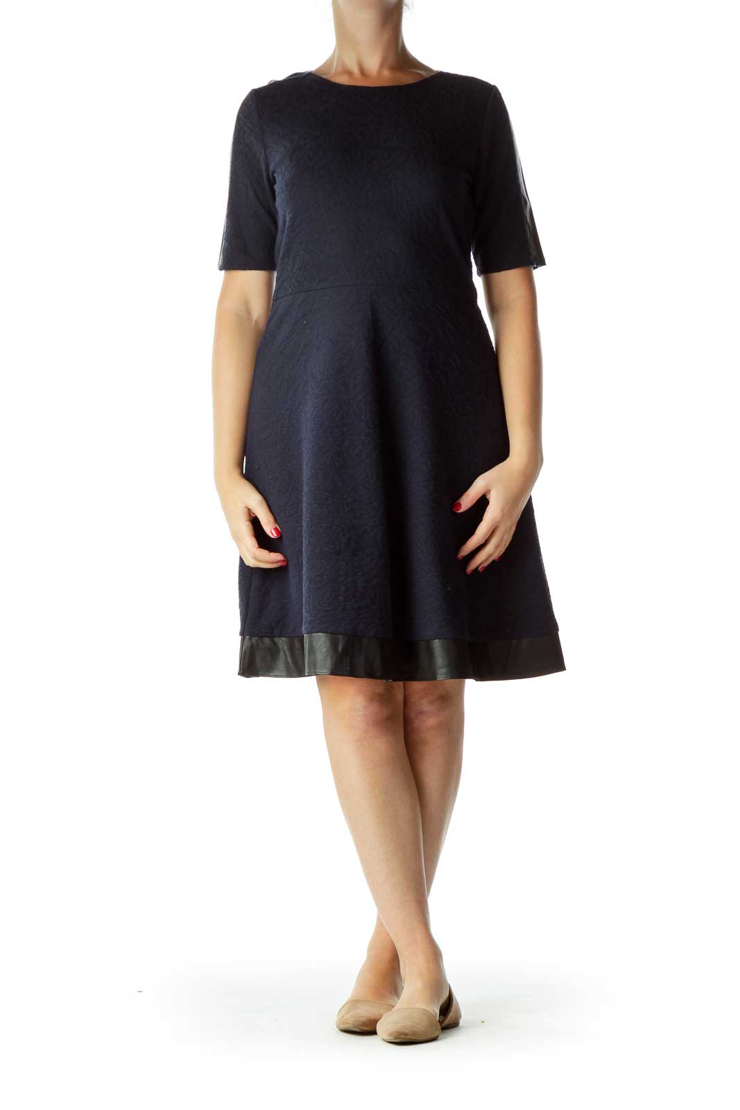 Navy Textured A-Line Dress with Faux-Leather Trim