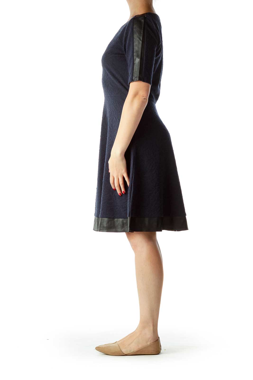 Navy Textured A-Line Dress with Faux-Leather Trim