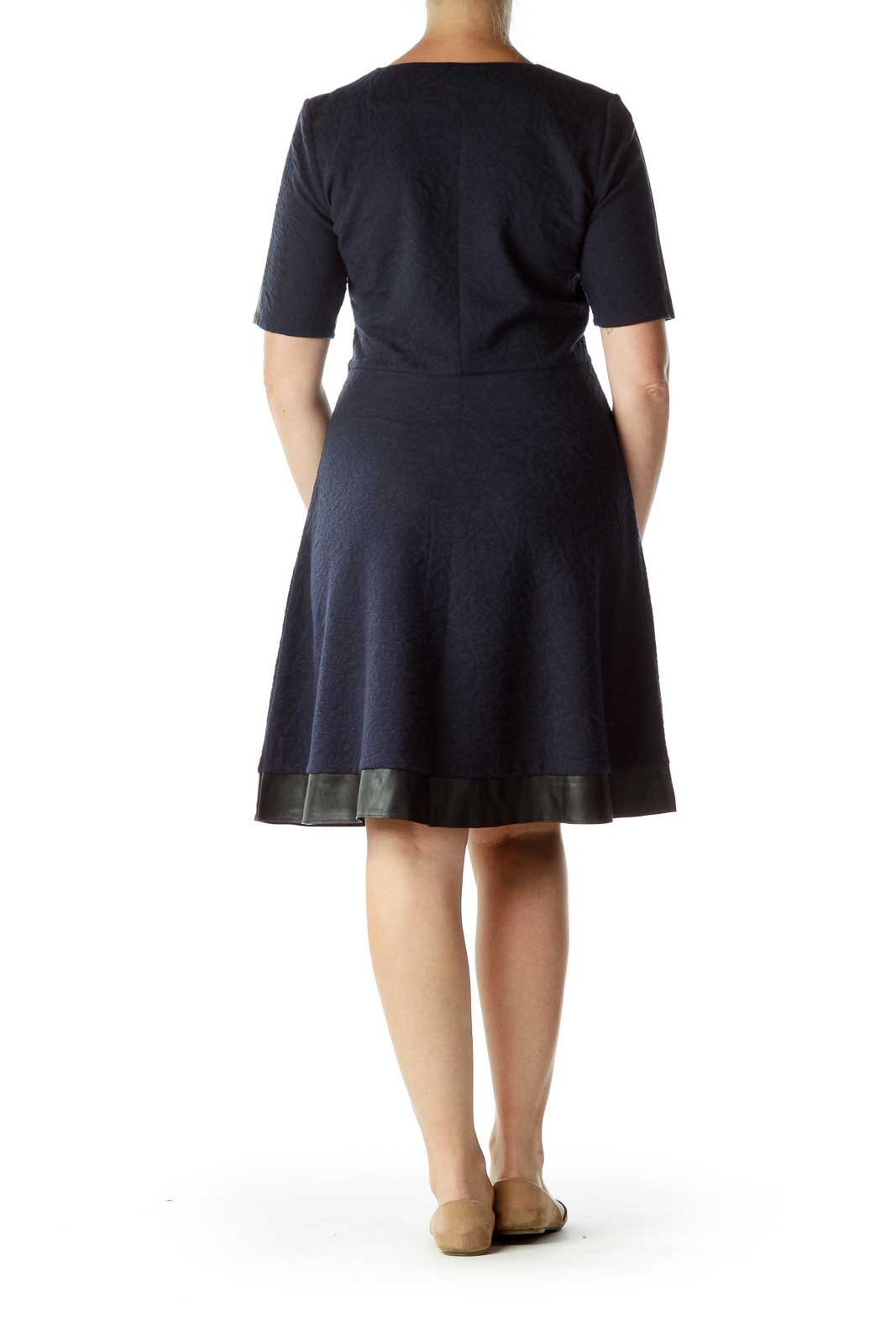 Navy Textured A-Line Dress with Faux-Leather Trim