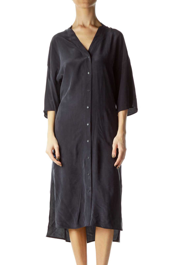 Navy Silk Pocketed Shirt Dress