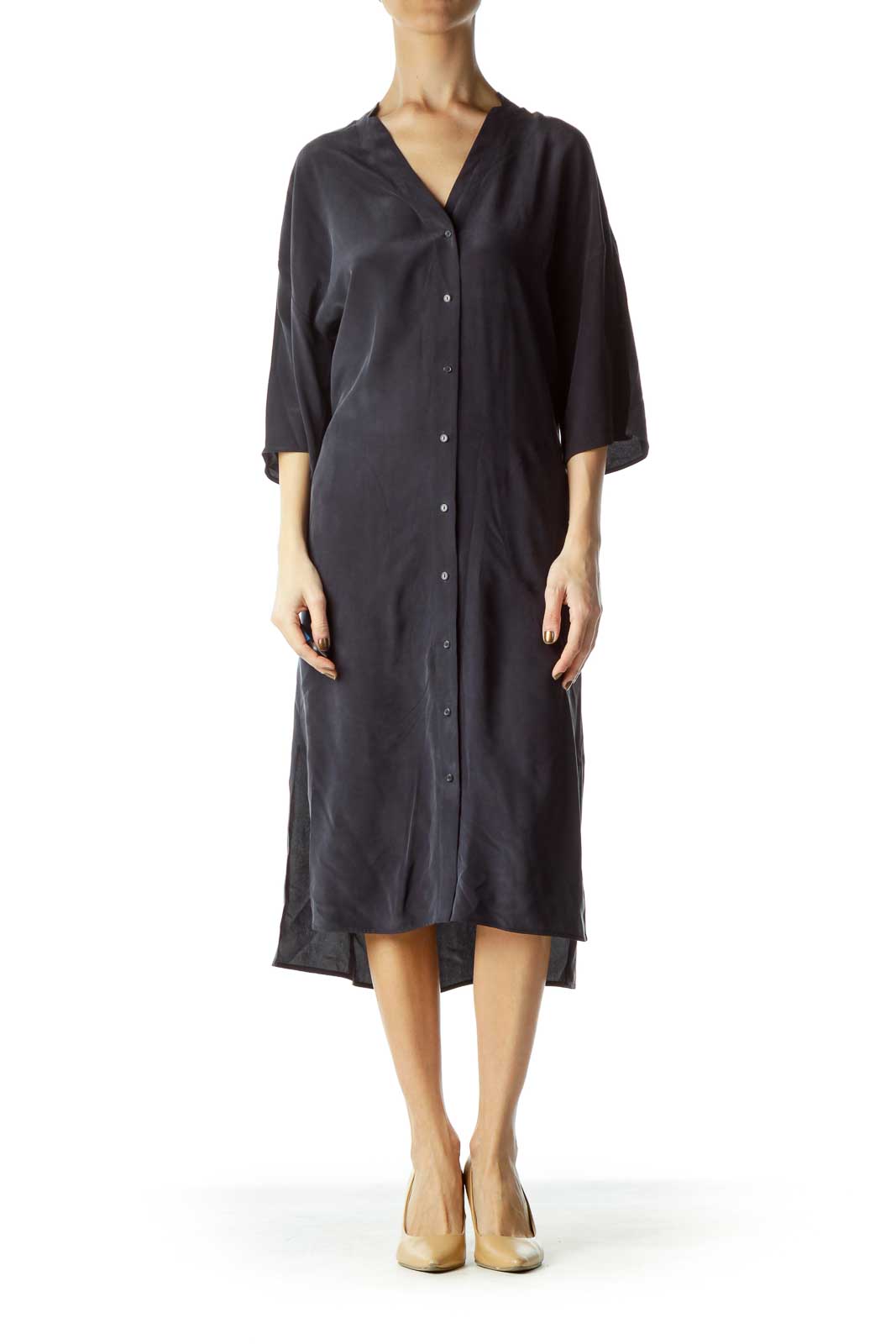 Navy Silk Pocketed Shirt Dress