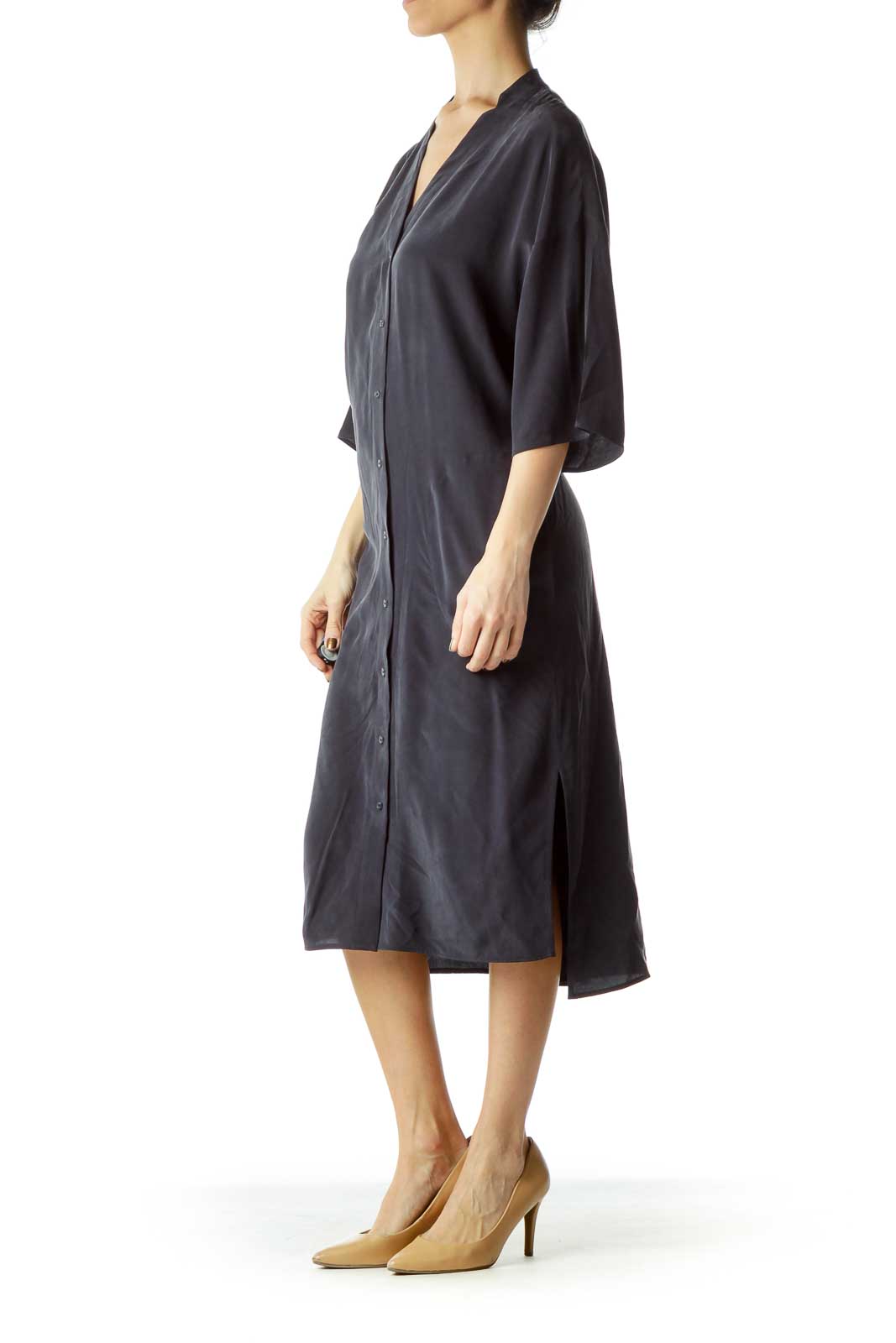 Navy Silk Pocketed Shirt Dress