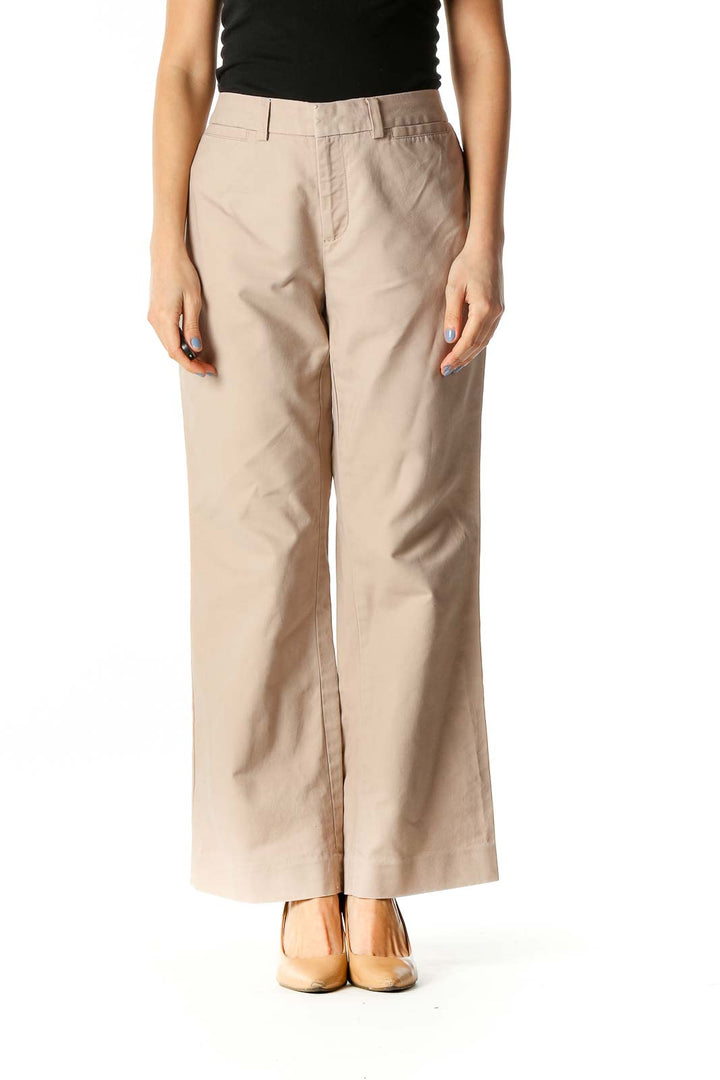 Beige Zippered Straight-Leg Pants