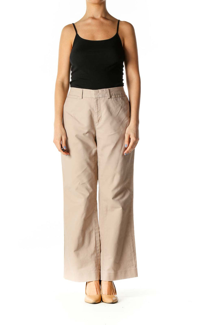 Beige Zippered Straight-Leg Pants