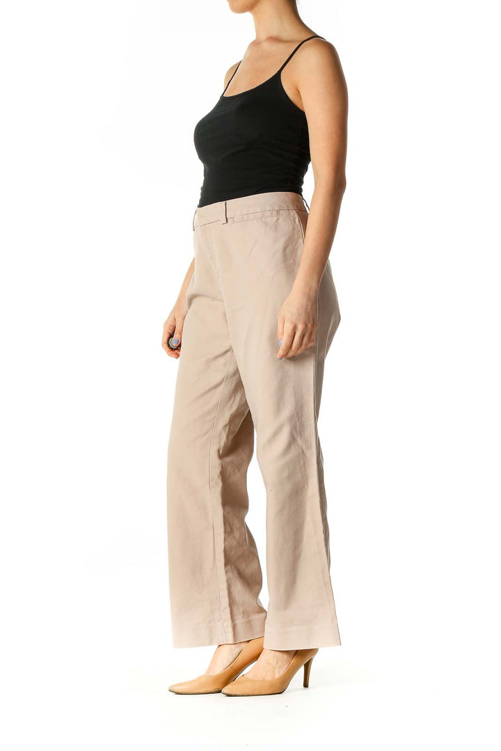 Beige Zippered Straight-Leg Pants