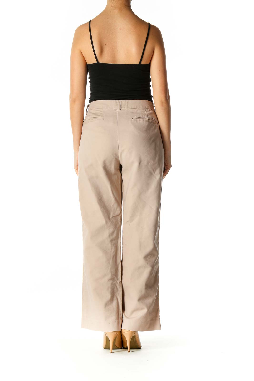 Beige Zippered Straight-Leg Pants