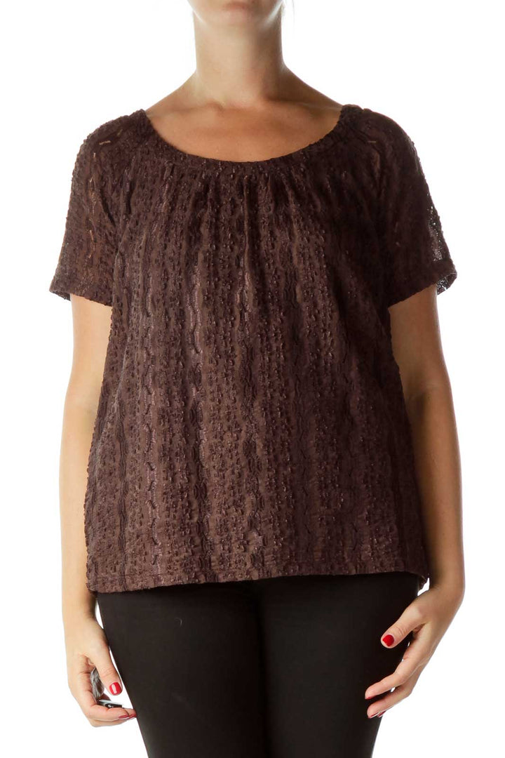 Brown Textured Short Sleeve Top