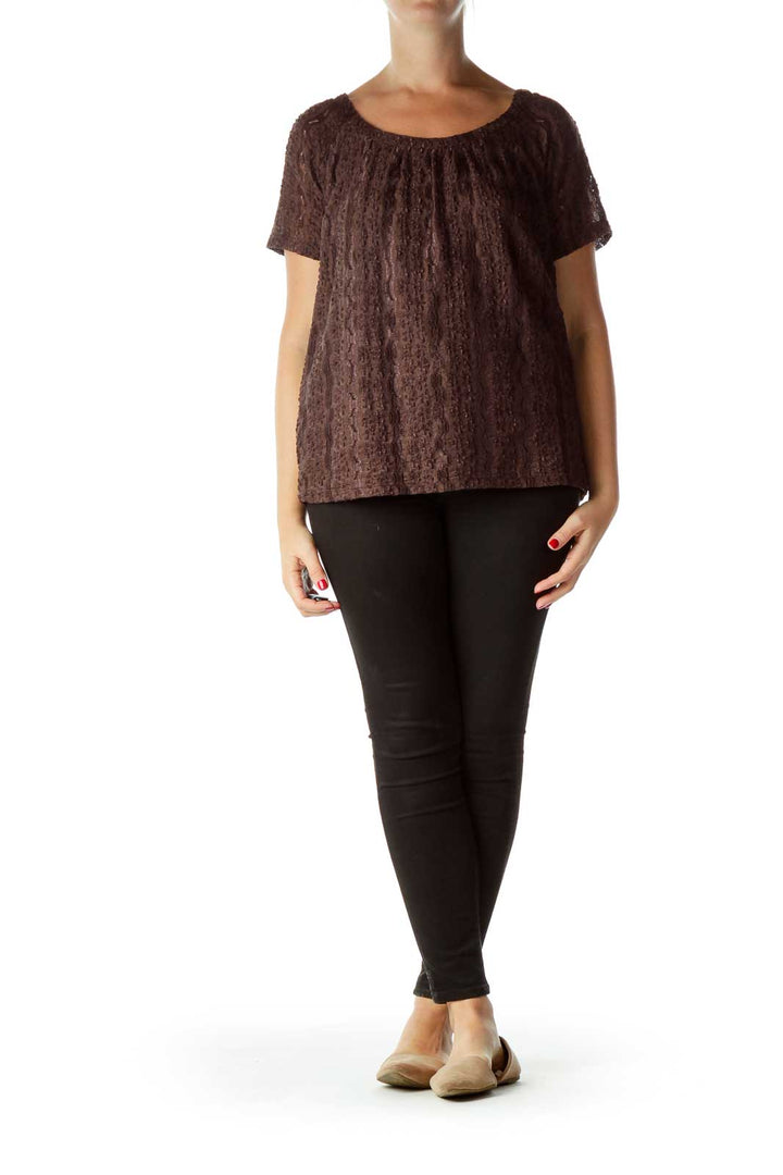 Brown Textured Short Sleeve Top