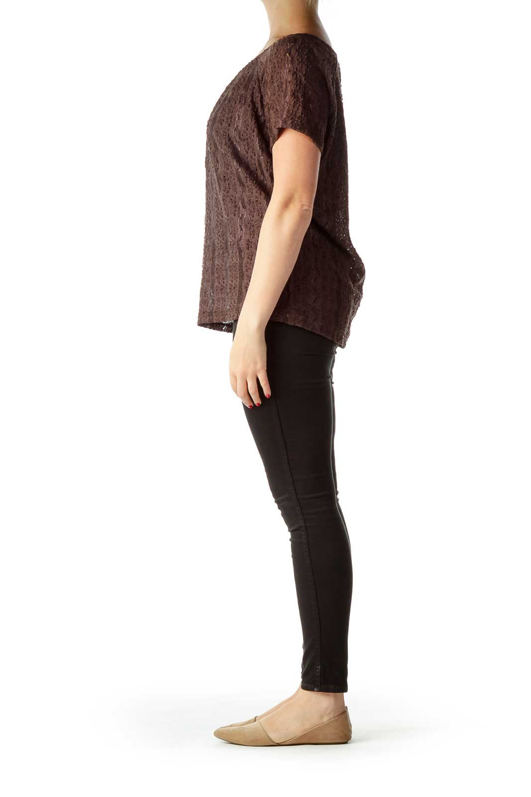 Brown Textured Short Sleeve Top