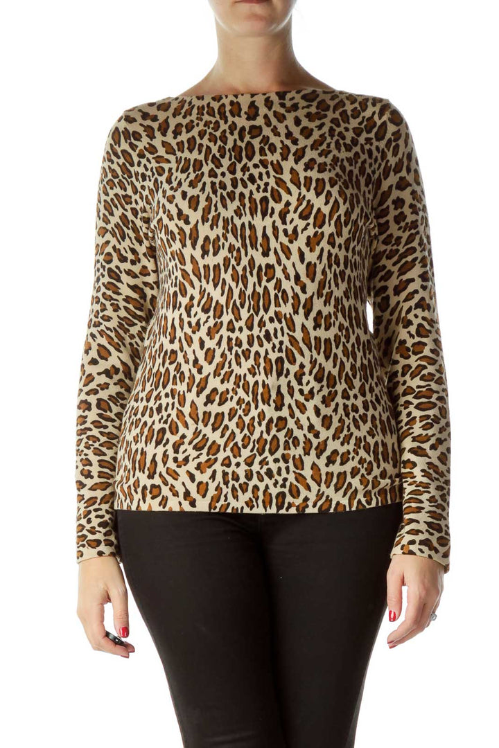 Brown Leopard Print Boat Neck Sweater