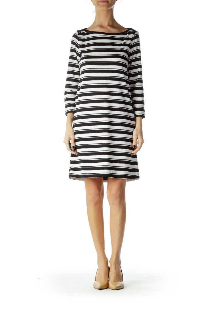 Black White Striped 3/4 Sleeve Knit Dress