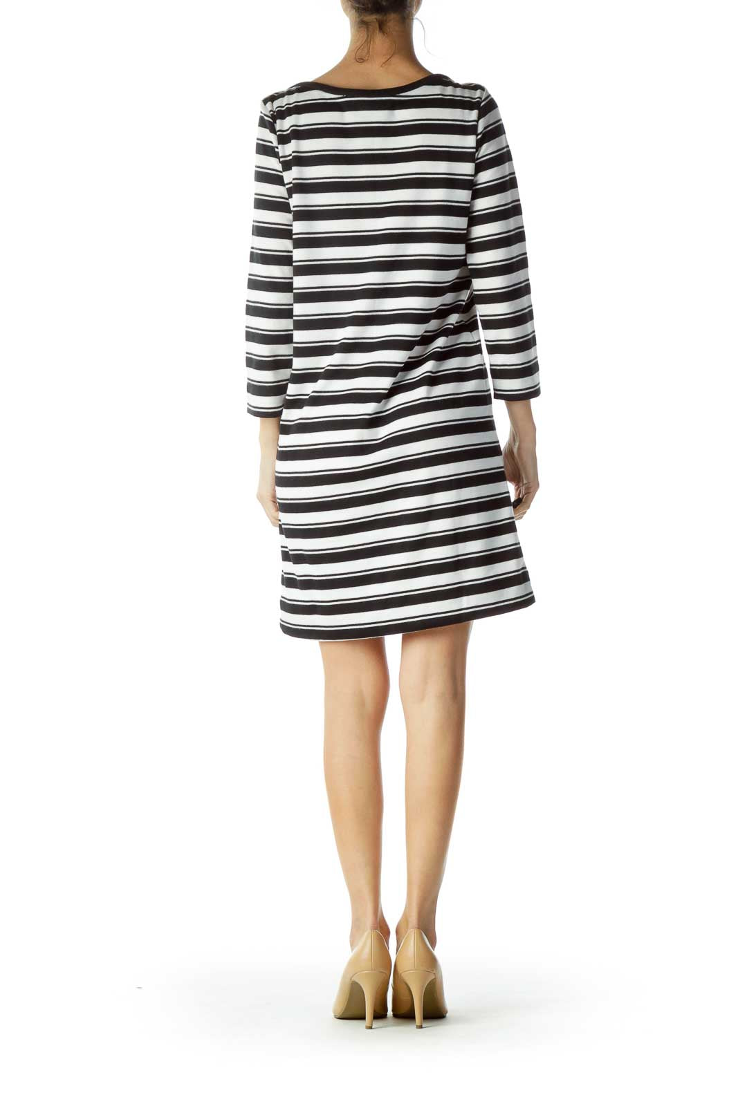 Black White Striped 3/4 Sleeve Knit Dress