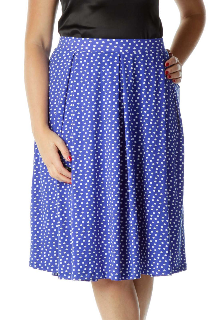 Blue White Polka-Dot Flared Midi Skirt