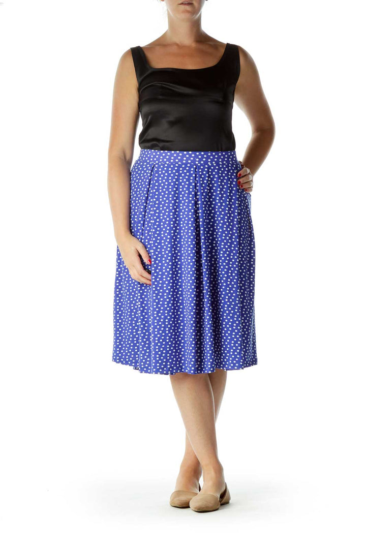 Blue White Polka-Dot Flared Midi Skirt