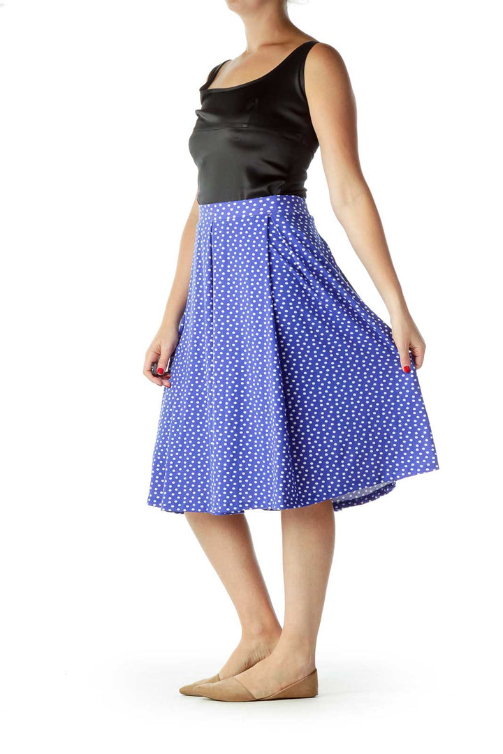 Blue White Polka-Dot Flared Midi Skirt