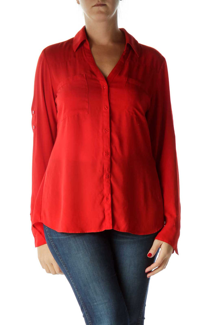 Red Buttoned V-Neck Long Sleeve Shirt