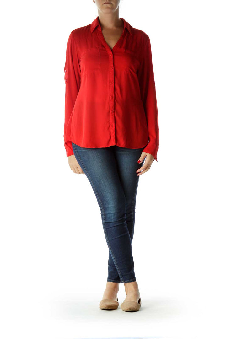 Red Buttoned V-Neck Long Sleeve Shirt