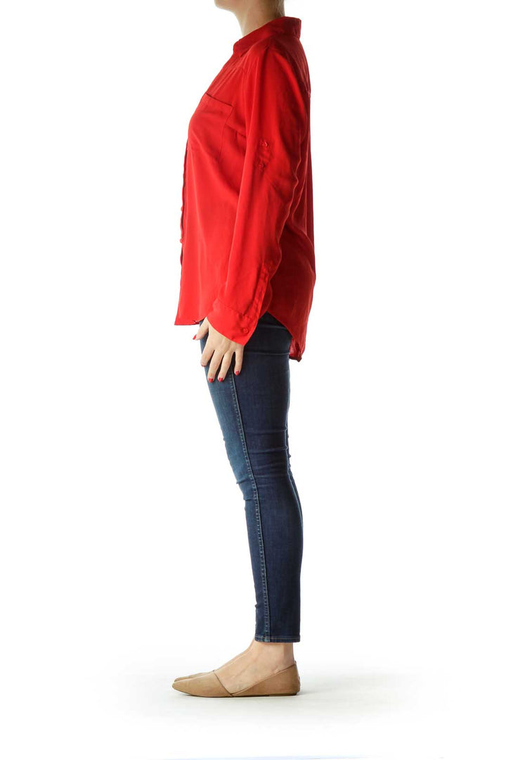 Red Buttoned V-Neck Long Sleeve Shirt