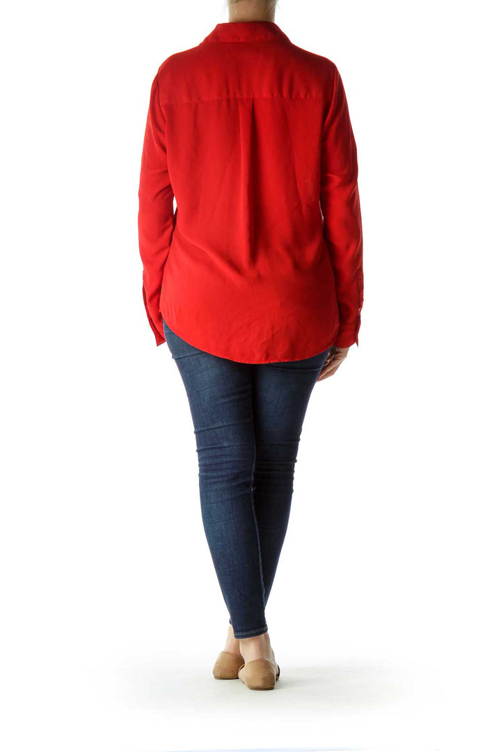 Red Buttoned V-Neck Long Sleeve Shirt