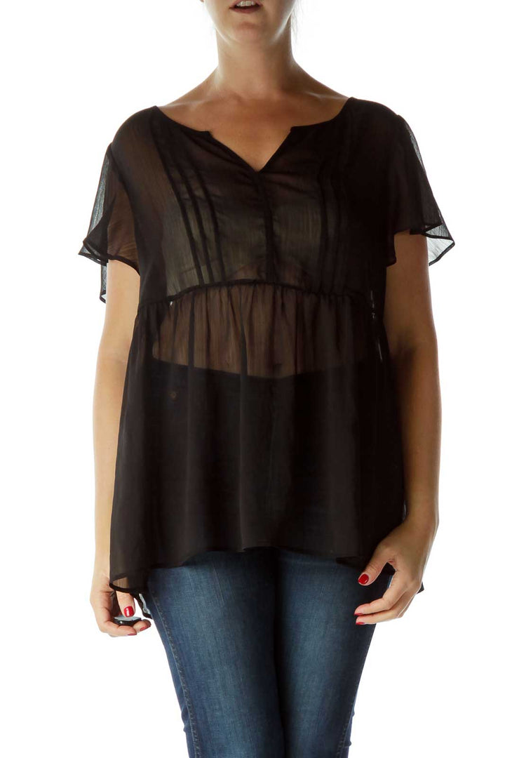 Black See-Through Knitted Flared Blouse