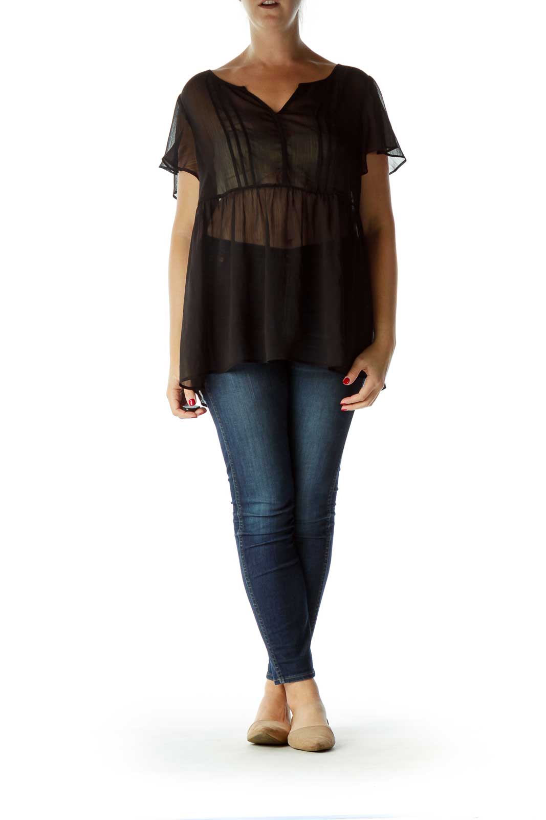 Black See-Through Knitted Flared Blouse