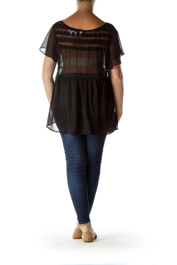 Black See-Through Knitted Flared Blouse